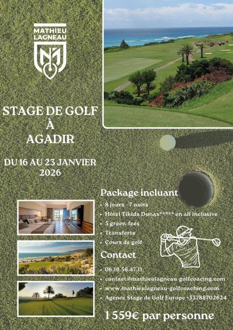 Stage de golf à Agadir au Maroc du 16 au 23 janvier 2026 