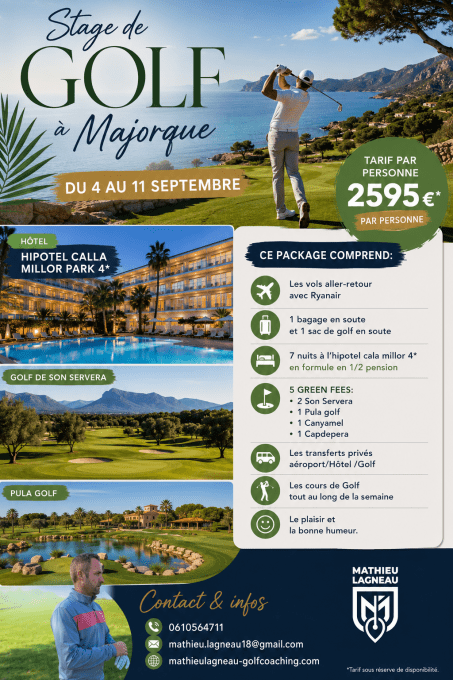 Stage de golf à Majorque dans les baléares du 4 au 11 septembre 2026
