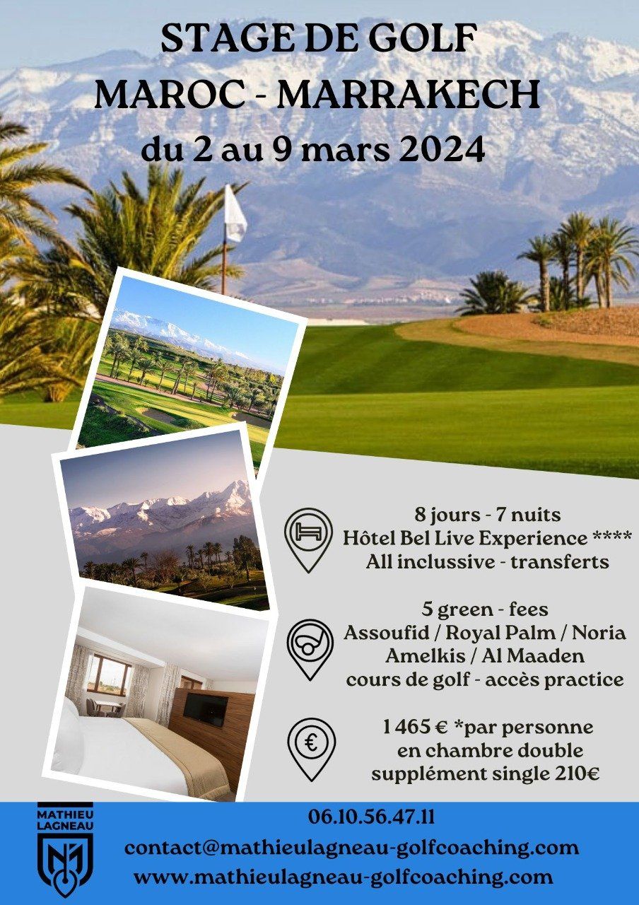 Voyage Golf à Marrakech au Maroc du 2 au 9 mars 2024 