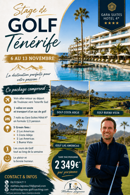 Stage de golf à Ténérife du 6 au 13 novembre 2026 