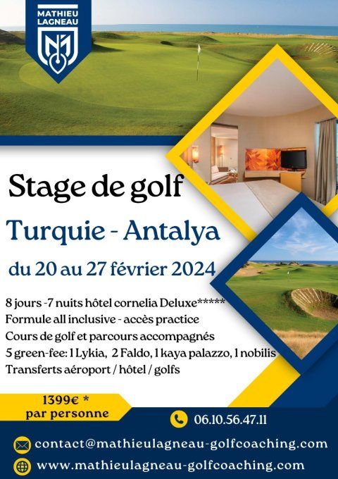 Voyage Golf en Turquie à Belek du 20 au 27 février 2024 